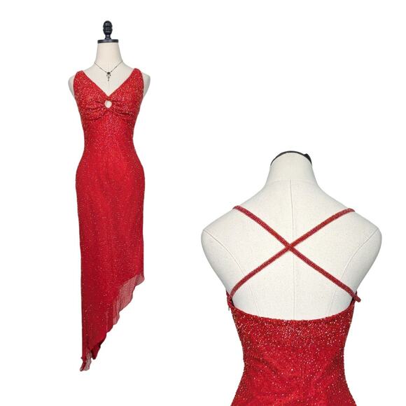 Vintage Scala Prom Dress Evening Gown Bead Y2K Asymmetric Cocktail Glam Red 8